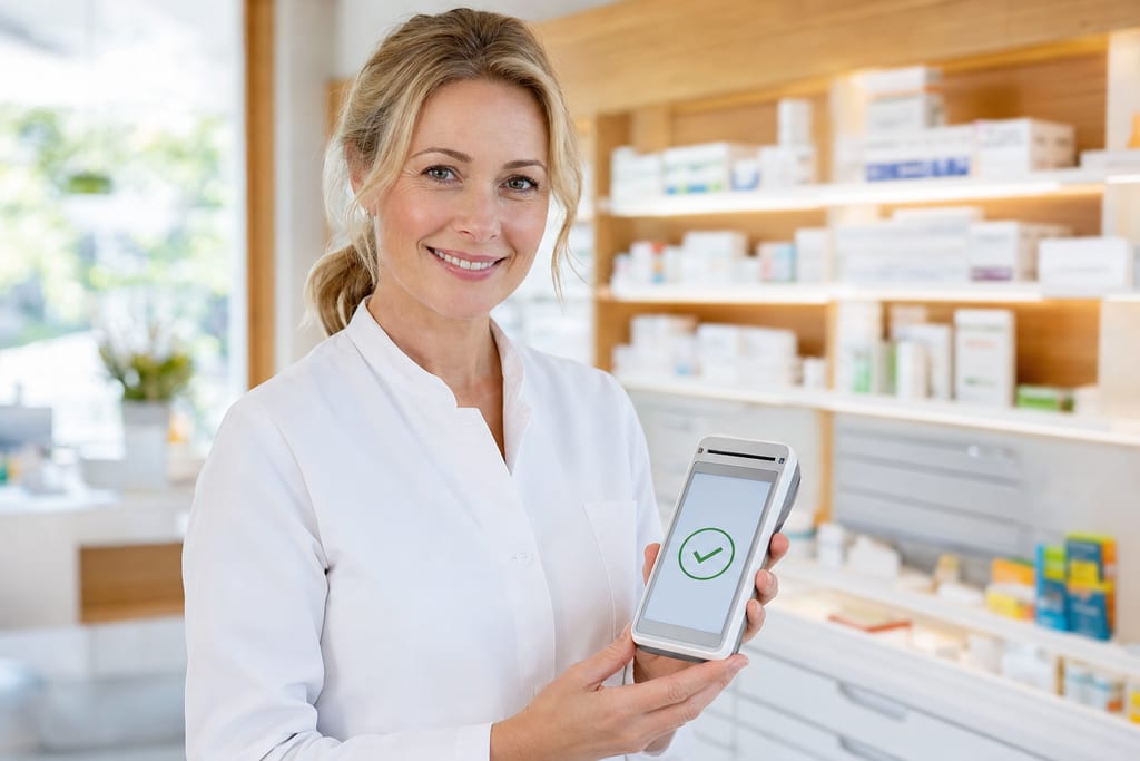 Apothekerin der Pelikan Apotheke mit mobilem eGK-Leseger&auml;t