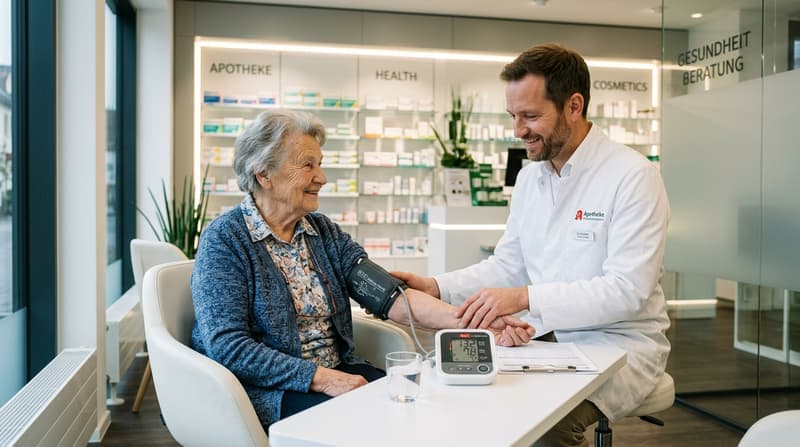 Blutdruckmessung in der Apotheke mit digitalem Oberarm-Messgerät