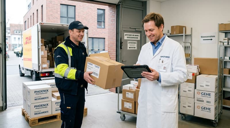 Apotheker nimmt Warenlieferung von Großhändler entgegen