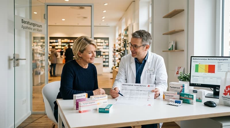 Apotheker führt pharmazeutische Dienstleistung und Medikationsanalyse durch